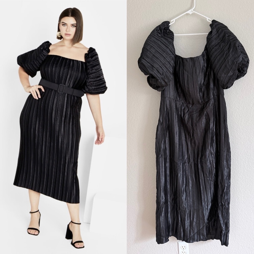 City Chic Plus Size Krista Pleat Midi Dress Black Textured
